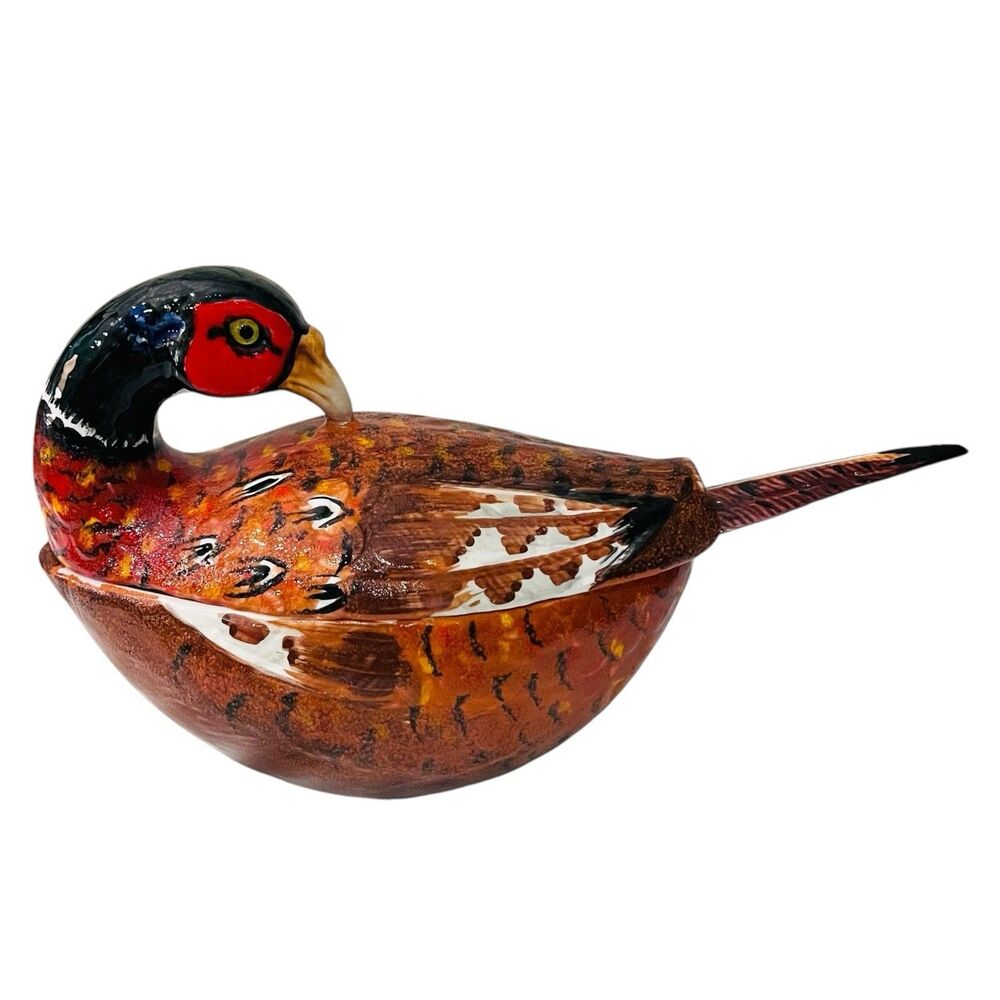 Pheasant Soup Tureen Lidded & Ladle Italian Hand Painted Meiselman Mancer MINT
